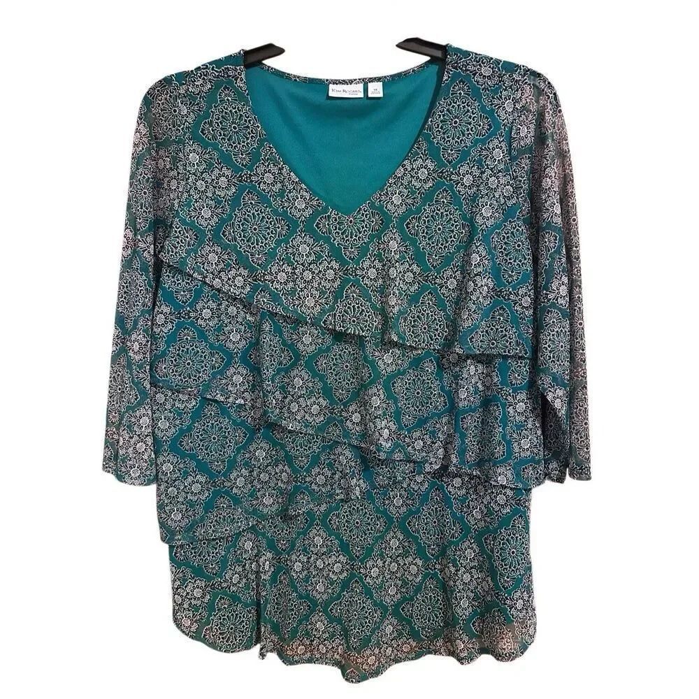 Kim Rogers Curvy Size 1X Teal Tiered Sheer Ruffles & Sleeves Lined V-Neck Blouse